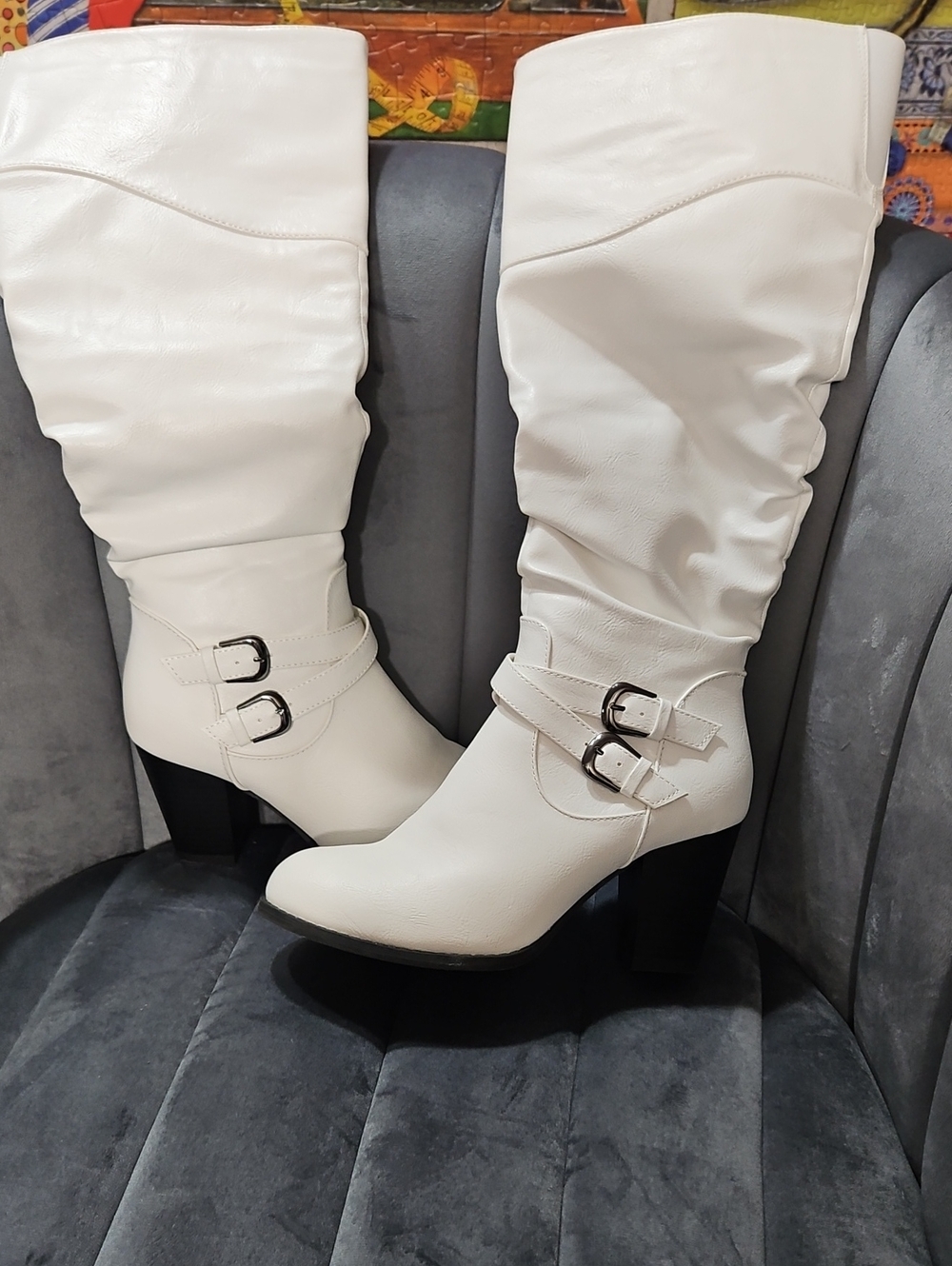 TOP Moda White Over-the-Knee Buckle Heel Boots